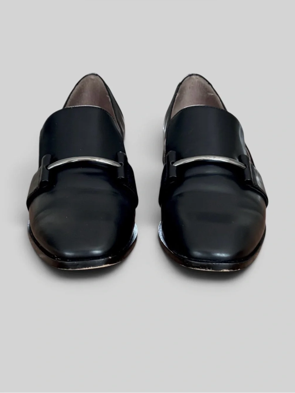 Linea Paolo Black Leather Silver Hardware Loafers 7.5 M